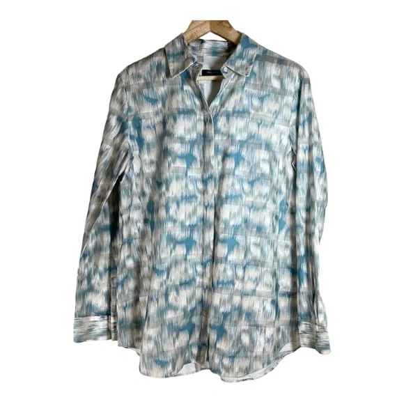 Lafayette 148 Brody Printed Cotton Blouse - Blue Steel - Picture 2 of 7